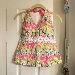 GUC millionaire row Lilly Pulitzer Pink Floral Halter Top with Lace Detail